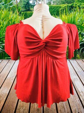 Red Twist SHEIN Front Top XL | Flowy Babydoll Blouse Flutter Sleeve Stretch